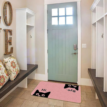 Pink welcome cat doormat with black cat faces and “Hi” text, rectangle border