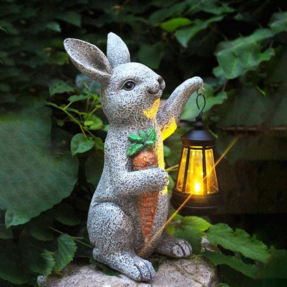 Solar Rabbit Garden Statue with Lantern and Carrot - Handmade Resin Pathway and Patio Decor
