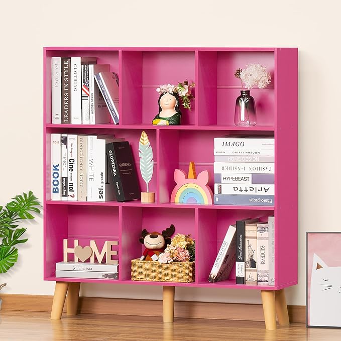 Pink 8-Cube Criss-Cross Bookshelf with Legs - 3-Tier Frosted Modern Open Bookcase for Nursery and Bedroom