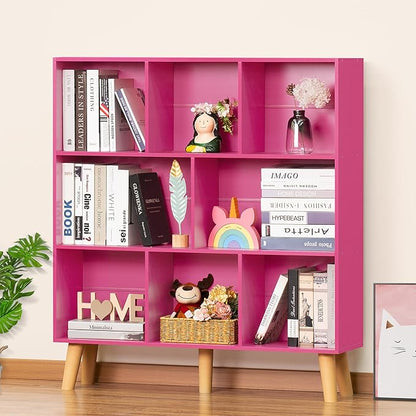 Pink 8-Cube Criss-Cross Bookshelf with Legs - 3-Tier Frosted Modern Open Bookcase for Nursery and Bedroom