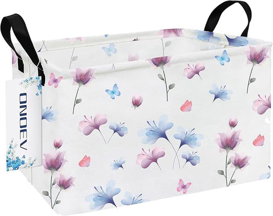 Watercolor Floral Canvas Storage Hamper Basket - Foldable Waterproof Flower and Butterfly Bin for Girls Room, Bathroom, and Gift Hampers