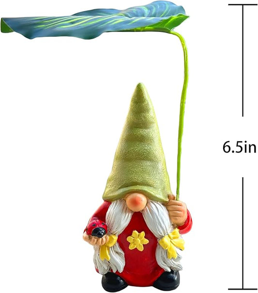 Garden gnome statue with green leaf umbrella and red robe, front view with size 6.5 in