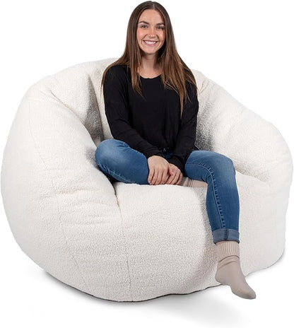 Ivory White Boucle Cloudberry Cocoon Bean Bag Chair - Giant Structured Round Lounge Chair for Nursery, Reading Corner, and Any Interior Ready for One Extraordinary Seat