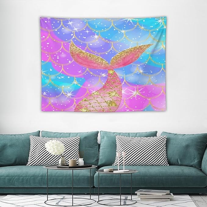 Mermaid Scales Wall Tapestry – 40" x 30" Colourful Shiny Mermaid Tail Pattern | Compact Entry Size | Wall Hanging | Bedroom Dorm Kids Room