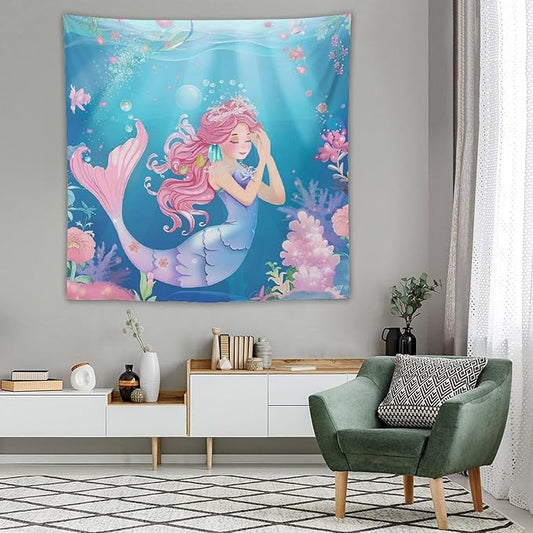 Floral Mermaid Princess Wall Tapestry – 60" x 60" Square Watercolour Flowers & Blessing Design | Symmetrical Girls Bedroom Nursery | Wall Hanging