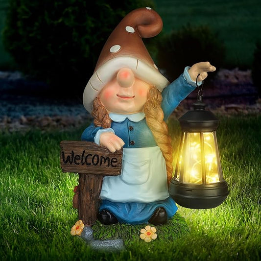 Solar gnome garden statue with “Welcome” sign and LED lantern on a grassy base