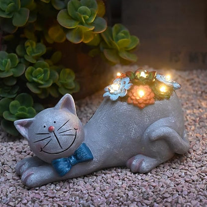 Cat Solar Garden Statue with Succulent and LED Lights - Waterproof Resin Decor