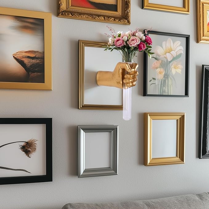 Gold Hand Wall Vase Sculpture - Modern Wall-Mounted Art with Glass Test Tube for Flowers, Plants, and Decorative Branches