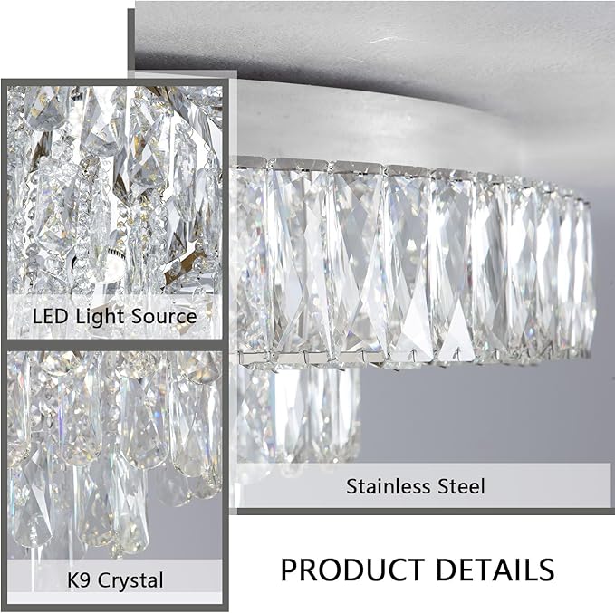 Close-up crystal flush mount chandelier showing clear K9 crystals and stainless steel
