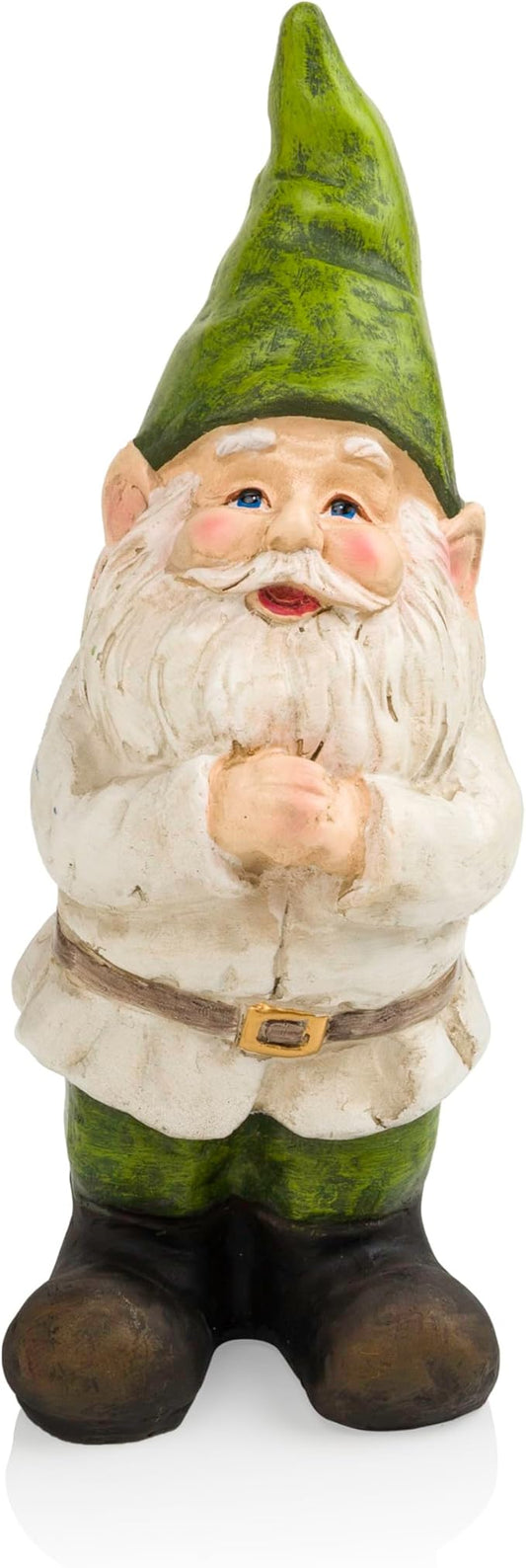 Outdoor garden gnome yard statue with green pointed hat, white beard, and red nose.