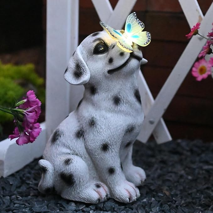 Dalmatian Solar Garden Statue with LED Light - Black and White Resin Outdoor Decor