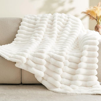 Cream Faux Rabbit Fur Throw Blanket – 60"x80" | 770GSM Double-Sided Luxury Fluffy Blanket | 3D Striped Plush Throw for Two