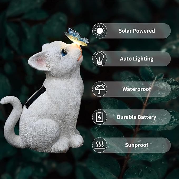 Cat Solar Garden Statue with LED Lights - Outdoor Resin Decor
