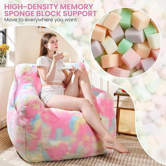 Rainbow Faux Fur Memory Foam Bean Bag Chair with Armrests - Unicorn Plush Lounger for Girls, Kids, Family, and Pets