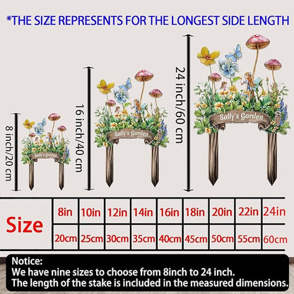 Personalized Cute Fairy Metal Sign with Stake,Custom Gardener Family Name Signs Outdoor Decor,Customized Butterfly Gardening Gifts for Mother,Flowers Plaques Decorate for Garden Patio Lawn Porch Yard