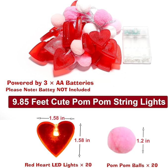9.85 ft heart LED string lights with red heart bulbs and pink pom pom balls
