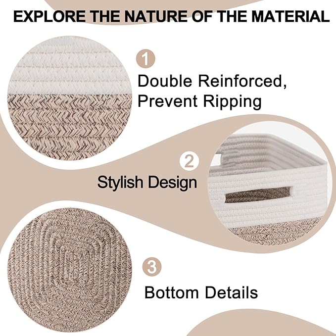 Woven Cotton Rope Cube Storage Baskets Set of 3 - Natural Two-Tone Organizer Bins for Shelves, Closets, and Nurseries