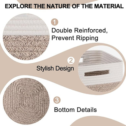 Woven Cotton Rope Cube Storage Baskets Set of 3 - Natural Two-Tone Organizer Bins for Shelves, Closets, and Nurseries