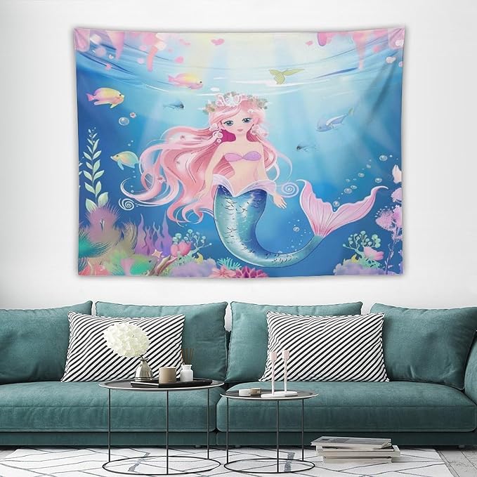 Mermaid Princess Wall Tapestry – 80" x 60" Large Watercolour | Wide Feature Wall Statement | Girls Bedroom Living Room Dorm | Wall Hanging