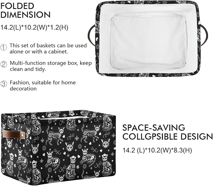 Folded black collapsible storage basket with cat skeleton print and top handle loops