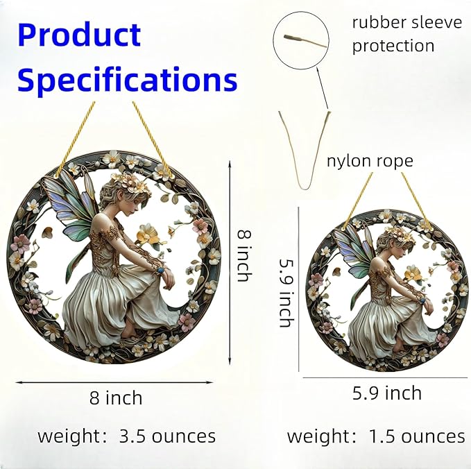 Round fairy ornament with floral border, shown in two sizes with nylon hanging ropes