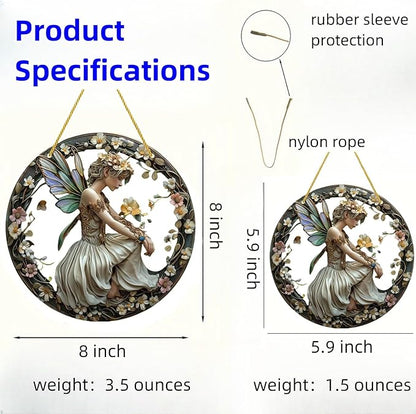 Round fairy ornament with floral border, shown in two sizes with nylon hanging ropes