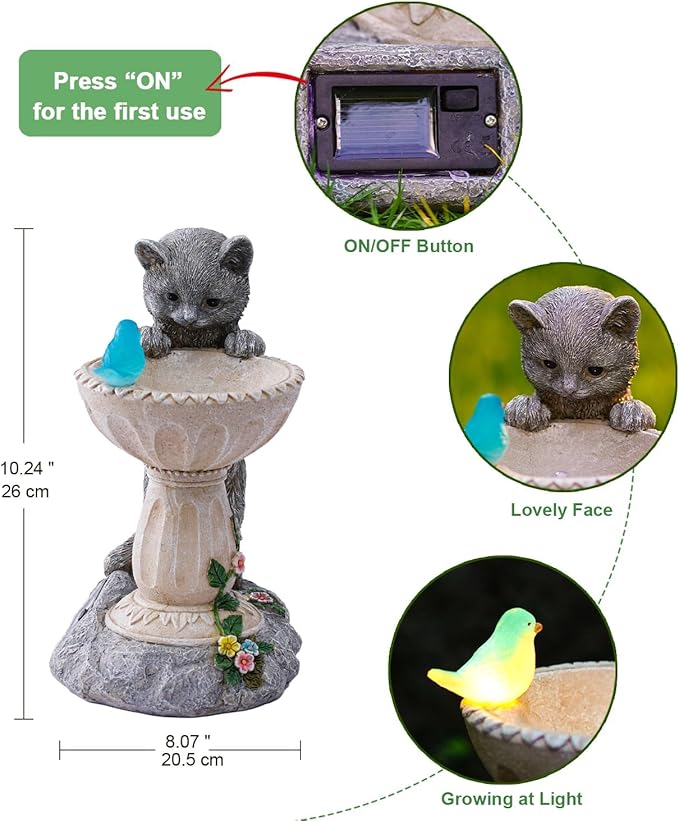 Cat Birdbath Garden Statue with Solar Light - Handcrafted Resin Outdoor Decor