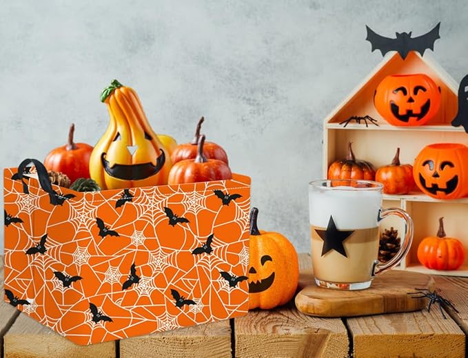 Orange rectangular Halloween storage basket with black bat and spiderweb pattern, open top