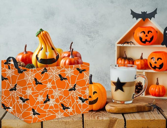 Orange rectangular Halloween storage basket with black bat and spiderweb pattern, open top