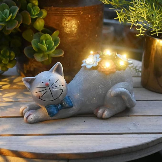 Cat Solar Garden Statue with Succulent and LED Lights - Waterproof Resin Decor