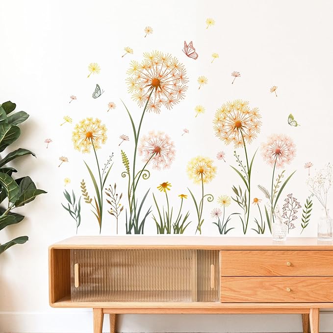 Dandelion and butterfly wall stickers featuring gold and pastel flower heads with green stems