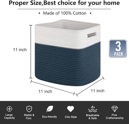 Navy and Cream Woven Cotton Rope Cube Storage Baskets Set of 3 - Bold Two-Tone Organizer Bins for Shelves, Offices, and Boys Rooms