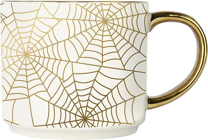 White fine bone china mug with gold spiderweb design and shiny gold handle