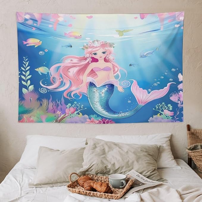 Mermaid Princess Wall Tapestry – 60" x 40" Watercolour Girls Bedroom Decor | Wall Hanging | Dorm Living Room | Baby Shower Gift