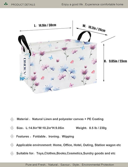 Watercolor Floral Canvas Storage Hamper Basket - Foldable Waterproof Flower and Butterfly Bin for Girls Room, Bathroom, and Gift Hampers