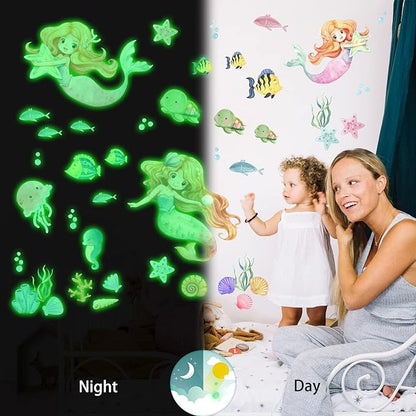 Glow in the Dark Mermaid Wall Decals – 68 Pcs Ocean Stickers | Mermaid Turtle Seahorse Jellyfish Starfish | Peel & Stick Ceiling Wall | Nursery Playroom Bedroom Gift