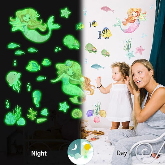Glow in the Dark Mermaid Wall Decals – 68 Pcs Ocean Stickers | Mermaid Turtle Seahorse Jellyfish Starfish | Peel & Stick Ceiling Wall | Nursery Playroom Bedroom Gift