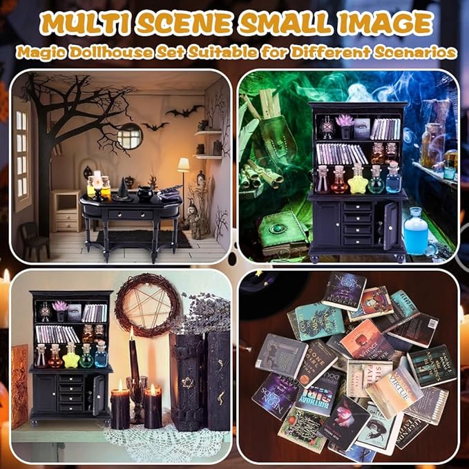 Multi-scene wizard dollhouse miniature set showing cabinet and potion items across scenes