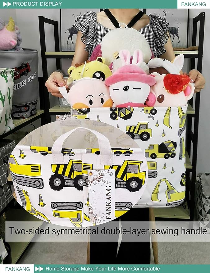 Construction Vehicles Canvas Storage Hamper Basket - Foldable Waterproof Digger Bin for Boys Room, Toy Storage, and Kids Gifts