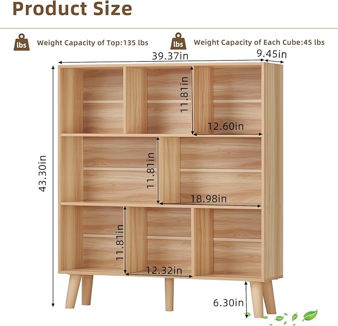 Natural Oak 8-Cube Wide Bookshelf with Wood Legs - Mid-Century Boho Bookcase for Living Room, Home Office, and Every Grown-Up Interior That Has Run Out of Places to Put Its Books