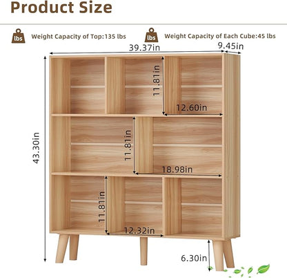 Natural Oak 8-Cube Wide Bookshelf with Wood Legs - Mid-Century Boho Bookcase for Living Room, Home Office, and Every Grown-Up Interior That Has Run Out of Places to Put Its Books