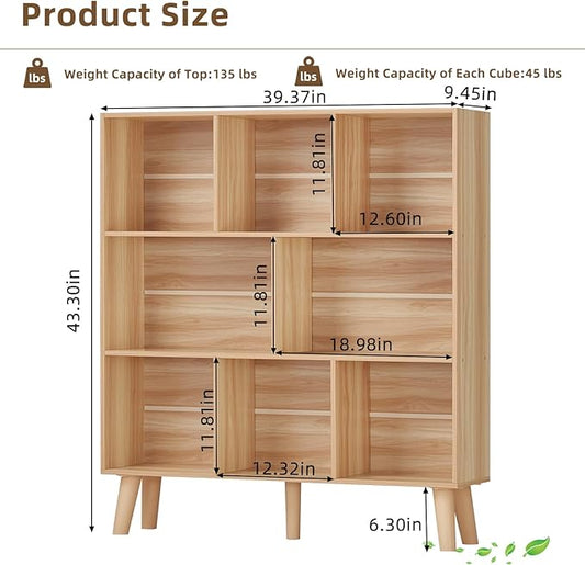 Natural Oak 8-Cube Wide Bookshelf with Wood Legs - Mid-Century Boho Bookcase for Living Room, Home Office, and Every Grown-Up Interior That Has Run Out of Places to Put Its Books