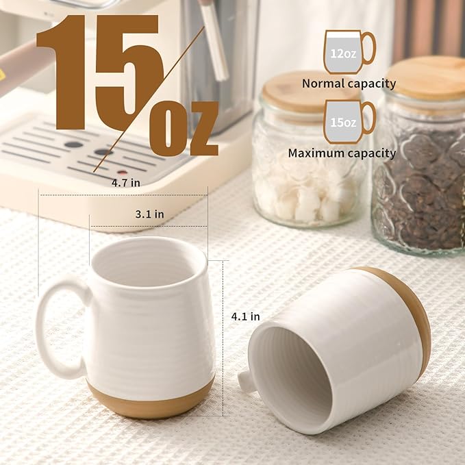 Wide-Mouth Porcelain Latte Mugs – Set of 4 | 15oz White Unique Glaze | Hot & Cold Drinks | Coffee Bar & Home Cafe Cups