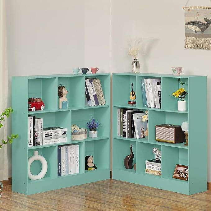 Mint green 8-cube bookshelf with open cubbies shown from side angle