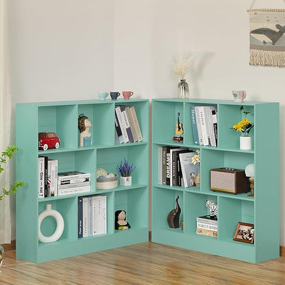 Mint green 8-cube bookshelf with open cubbies shown from side angle