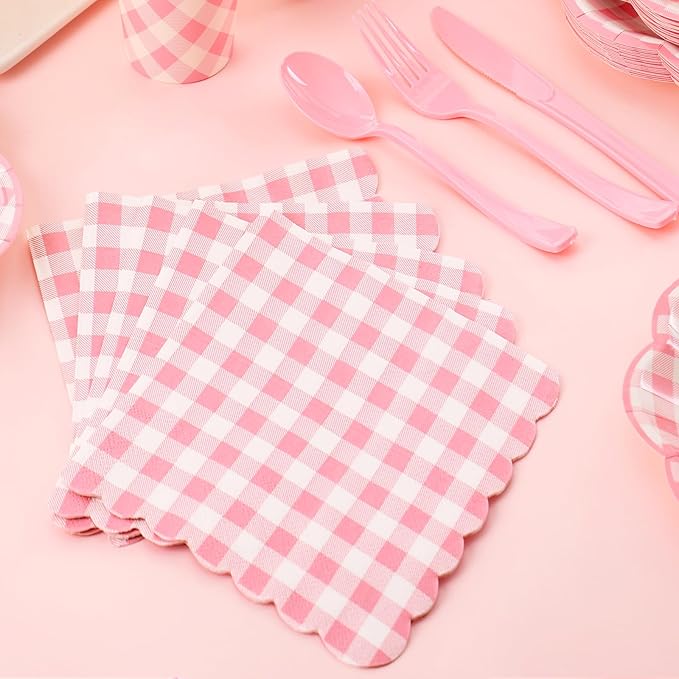 Pink gingham paper napkins and plates set, with plastic cutlery