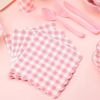 Pink gingham paper napkins and plates set, with plastic cutlery
