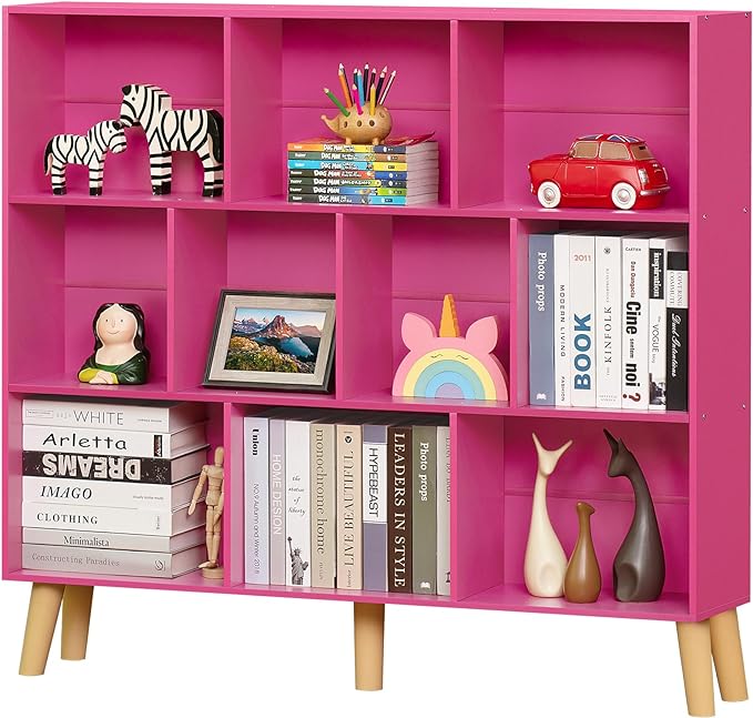 Hot Pink 10-Cube Bookcase with Wood Legs - 3-Tier Mid-Century Wide Freestanding Display Shelf for Girls Room, Bedroom, and Bold Home Office