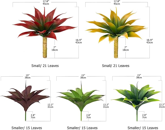 Faux agave plant with spiky green leaves shown on product cards
