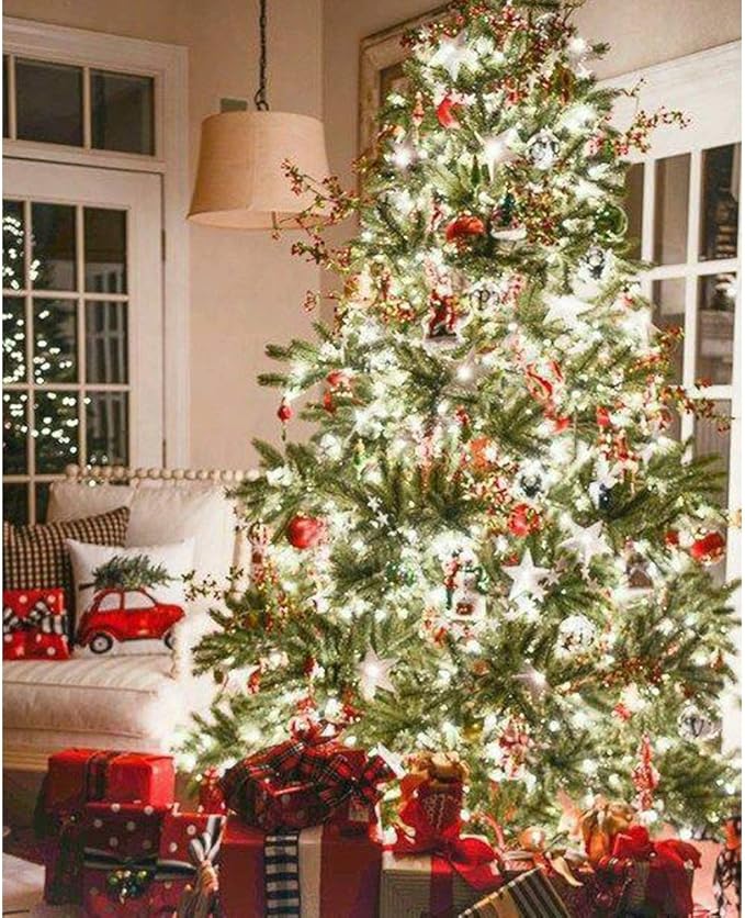 Indoor Christmas tree decorated with mini LED string lights and warm-white bulbs.